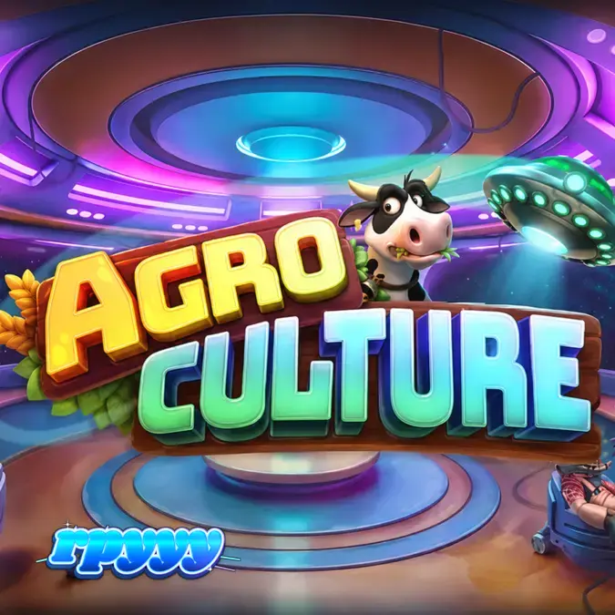 Tampilan visual slot AgroCulture dengan latar belakang peternakan dan elemen alien.
